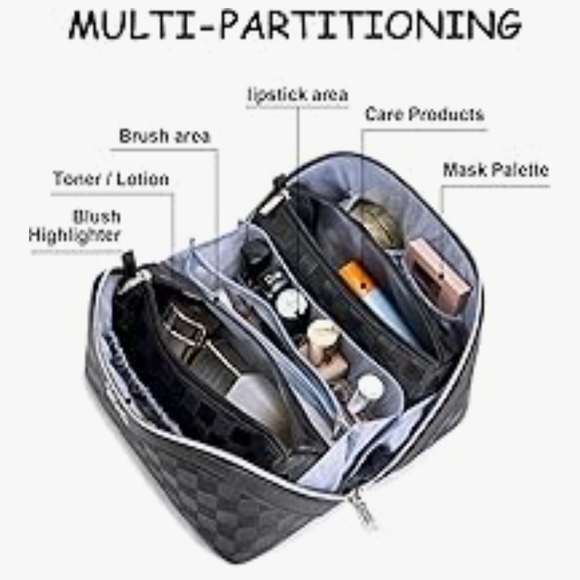 Black Checkered Toiletry Bag With Multiple Compartments - Picture 2 of 16